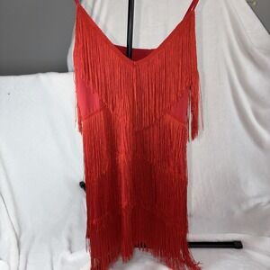 Red Tiered Fringe Flapper Mini dress Med V neck Adj Spaghetti Straps Party 20's